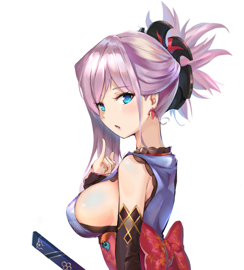 1girl absurdres blue_eyes blush breasts earrings eyebrows_visible_through_hair fate/grand_order fate_(series) from_side hair_ornament hand_gesture highres japanese_clothes jewelry large_breasts looking_at_viewer miyamoto_musashi_(fate/grand_order) pink_hair shi_qi_kuang_beng sideboob simple_background smile solo upper_body white_background