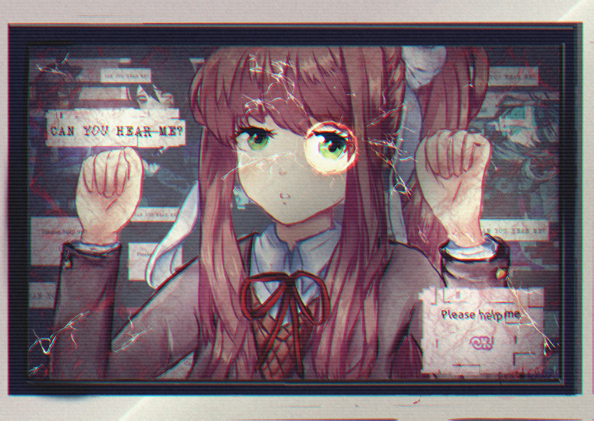 1girl broken_glass brown_hair commentary cracked_glass doki_doki_literature_club english_commentary friedraisu glass green_eyes highres long_hair looking_at_viewer monika_(doki_doki_literature_club) monitor ponytail school_uniform solo