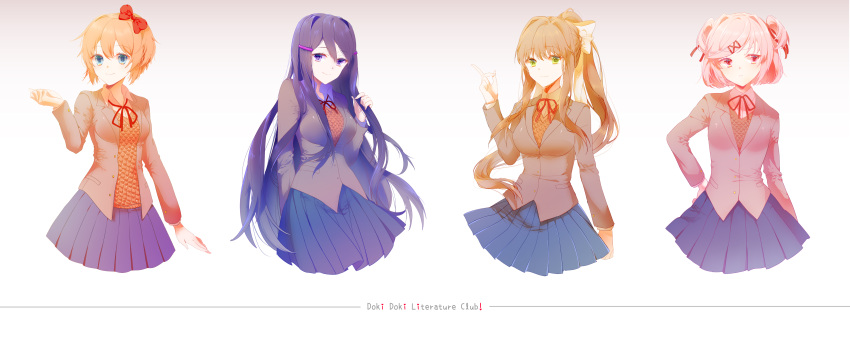 4girls absurdres blue_eyes blue_skirt bow brown_hair copyright_name doki_doki_literature_club frown gradient gradient_background green_eyes hair_between_eyes hair_bow hair_ornament hair_ribbon hairclip hand_on_hip highres index_finger_raised kumomo0214 long_hair looking_at_viewer looking_away monika_(doki_doki_literature_club) multiple_girls natsuki_(doki_doki_literature_club) orange_hair pink_eyes pink_hair pleated_skirt ponytail purple_hair red_bow red_ribbon ribbon sayori_(doki_doki_literature_club) school_uniform short_hair simple_background skirt smile two_side_up very_long_hair violet_eyes white_ribbon yuri_(doki_doki_literature_club)