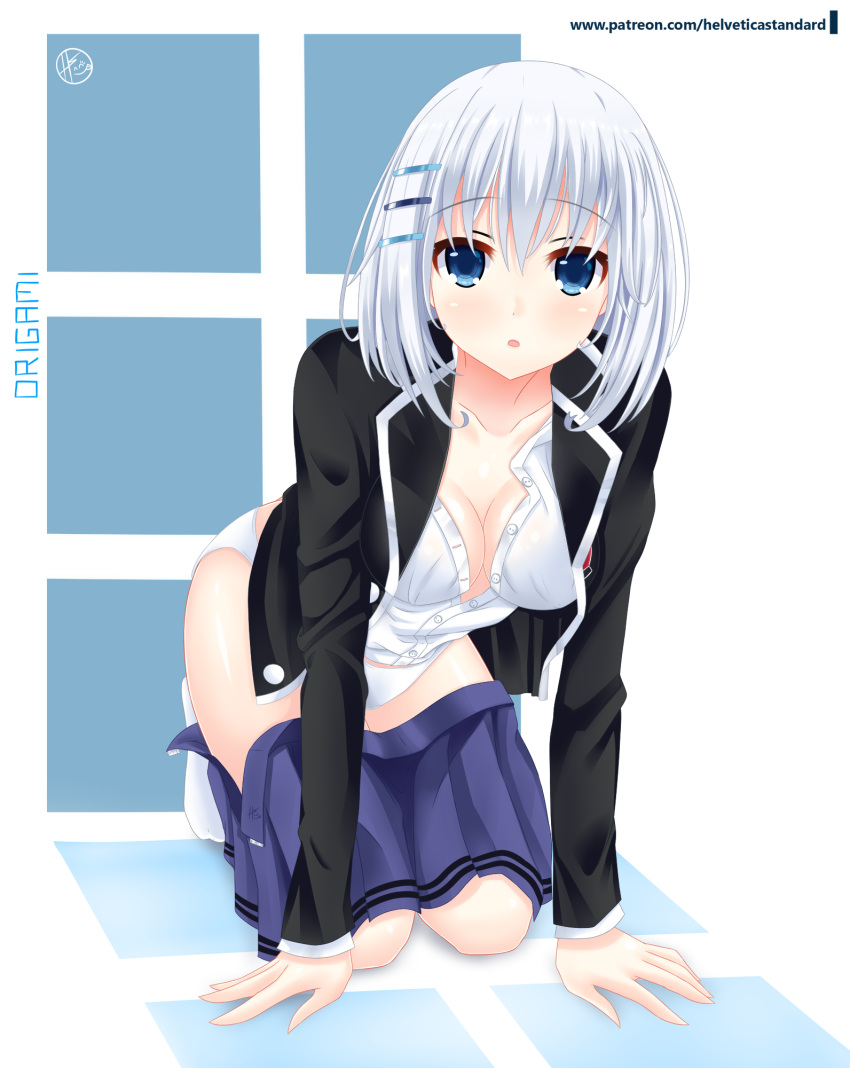 1girl arm_support ass black_blazer blazer blue_eyes blue_skirt breasts character_name collarbone date_a_live full_body hair_between_eyes hair_ornament hairclip hands_on_ground helvetica_5tandard highres jacket kneeling leaning_forward looking_at_viewer medium_breasts medium_hair no_bra open_blazer open_clothes open_jacket open_mouth panties partially_unbuttoned shirt signature silver_hair skirt skirt_pull solo tobiichi_origami underwear undressing white_panties white_shirt