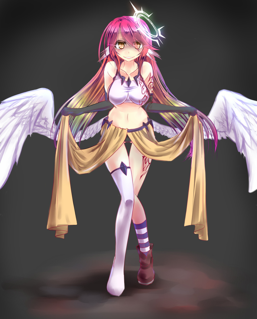 1girl angel_wings breasts commentary_request crop_top cross evil_grin evil_smile feathered_wings gloves gradient_hair grin halo highres jibril_(no_game_no_life) kiryu264 large_breasts long_hair low_wings magic_circle midriff mismatched_legwear multicolored_hair navel no_game_no_life pink_hair shoes single_shoe smile solo standing symbol-shaped_pupils tattoo very_long_hair white_wings wing_ears wings yellow_eyes
