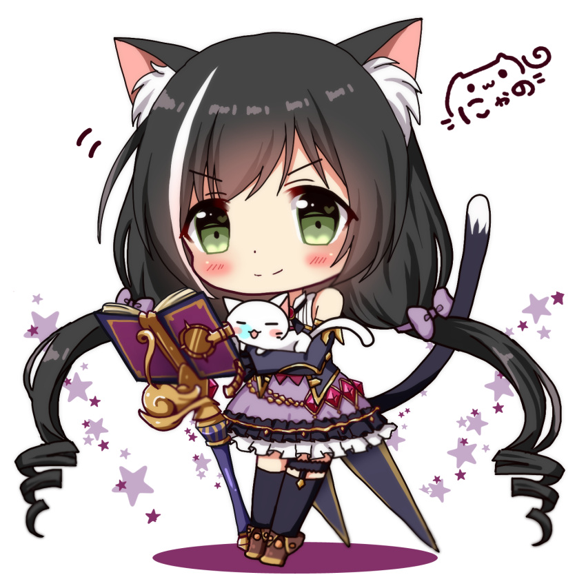 1girl :3 :d animal animal_ears animal_hug bare_shoulders black_legwear blush blush_stickers book boots bow brown_footwear cat cat_ears cat_girl cat_tail chibi closed_eyes commentary_request detached_sleeves gem green_eyes hair_bow heart heart_in_eye highres kyaru_(princess_connect) long_hair long_sleeves looking_at_viewer low_twintails multicolored_hair nose_blush nyano21 open_book open_mouth princess_connect! princess_connect!_re:dive purple_bow purple_skirt shirt signature skirt sleeveless sleeveless_shirt smile solo staff standing star streaked_hair symbol_in_eye tail tail_raised thigh-highs thighhighs_under_boots twintails v-shaped_eyebrows very_long_hair white_background white_hair white_shirt