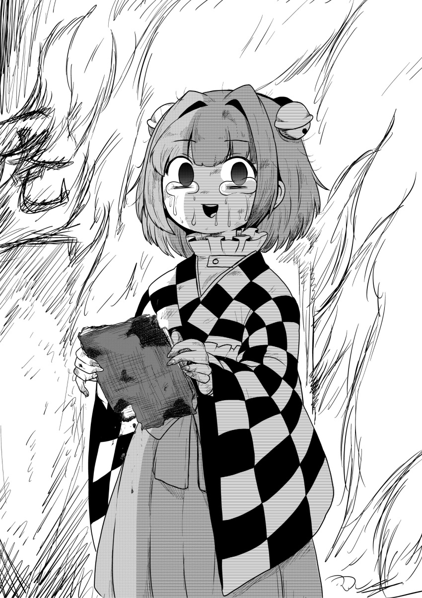 1girl absurdres bangs bell book burnt checkered commentary_request crying crying_with_eyes_open drooling empty_eyes eyebrows_visible_through_hair fire greyscale hair_bell hair_intakes hair_ornament highres himajin_noizu holding holding_book long_sleeves looking_at_viewer monochrome motoori_kosuzu open_mouth saliva short_hair solo sweat tears touhou wide_sleeves