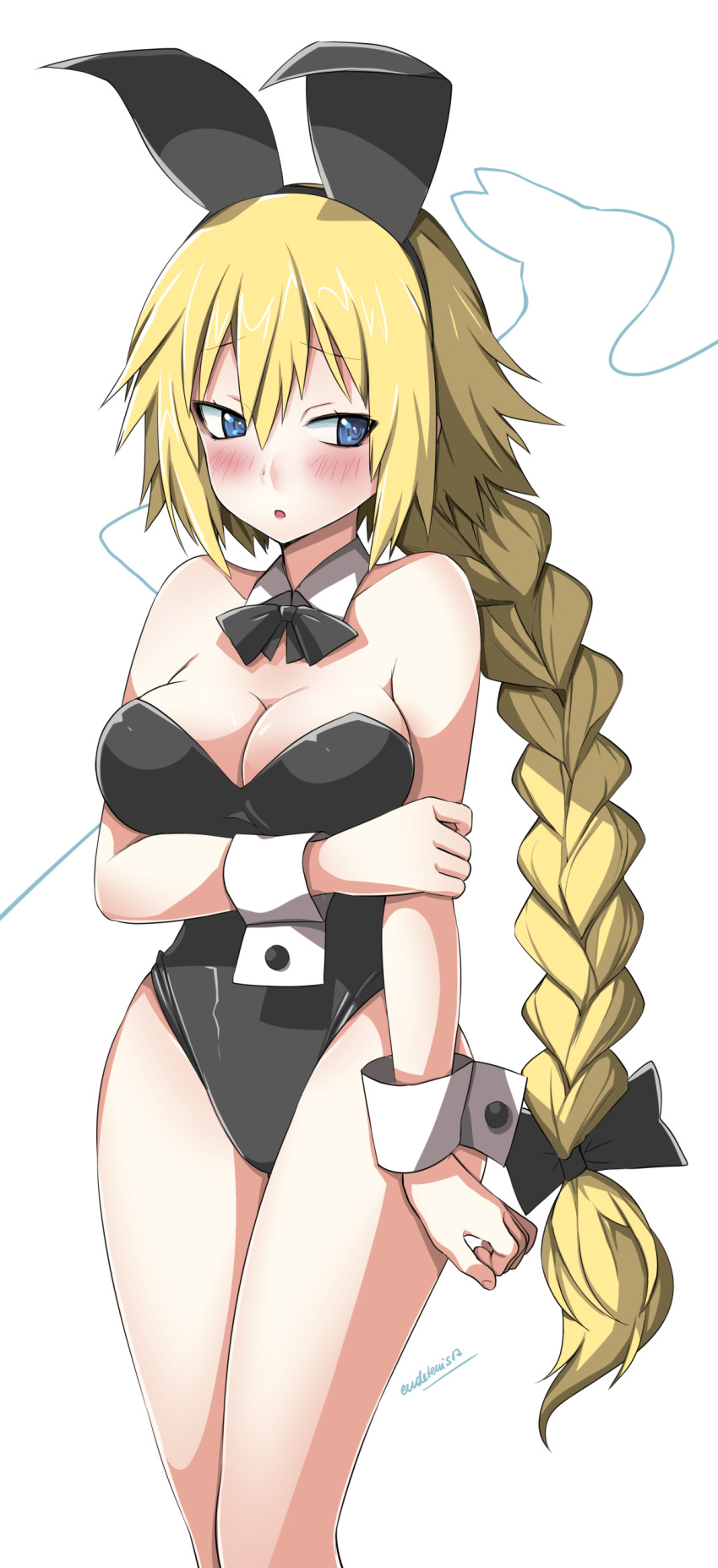 1girl absurdres animal_ears artist_name bare_shoulders black_bow black_hairband black_leotard blonde_hair blue_eyes blush bow bowtie braid breast_hold breasts bunnysuit cleavage commission detached_collar eudetenis eyebrows_visible_through_hair fake_animal_ears fate/apocrypha fate_(series) hair_between_eyes hair_bow hairband highleg highleg_leotard highres jeanne_d'arc_(fate) jeanne_d'arc_(fate)_(all) large_breasts leotard long_braid long_hair looking_away looking_to_the_side open_mouth simple_background single_braid solo strapless strapless_leotard very_long_hair white_background wrist_cuffs