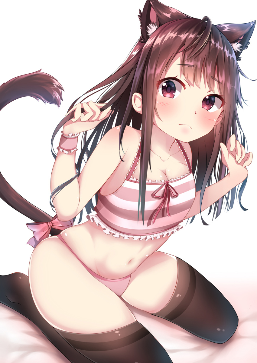 1girl animal_ears bangs bare_shoulders bed_sheet black_legwear blush bow breasts brown_hair cat_ears cat_girl cat_tail cleavage closed_mouth collarbone commentary_request crop_top eyebrows_visible_through_hair fingernails frills hands_up highres lokyin_house long_hair looking_at_viewer medium_breasts navel no_shoes original panties pink_bow pink_panties red_eyes solo striped tail tail_bow thigh-highs underwear very_long_hair wrist_cuffs