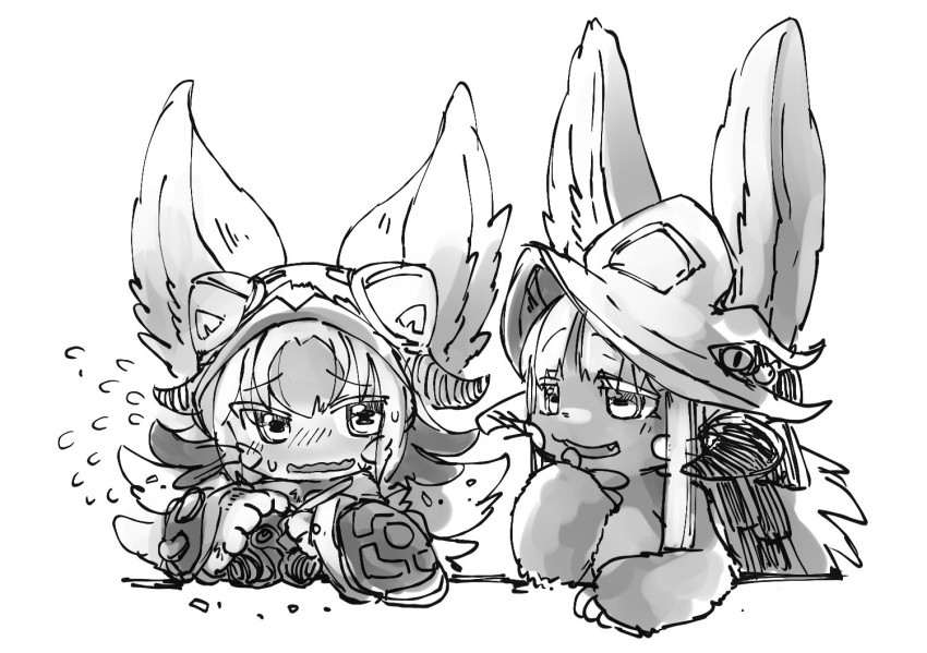 2others animal_ears blush blush_stickers fang greyscale hat helmet hikky made_in_abyss mokuri monochrome nanachi_(made_in_abyss) open_mouth rabbit_ears simple_background sweatdrop wavy_mouth whiskers white_background yuka_rit