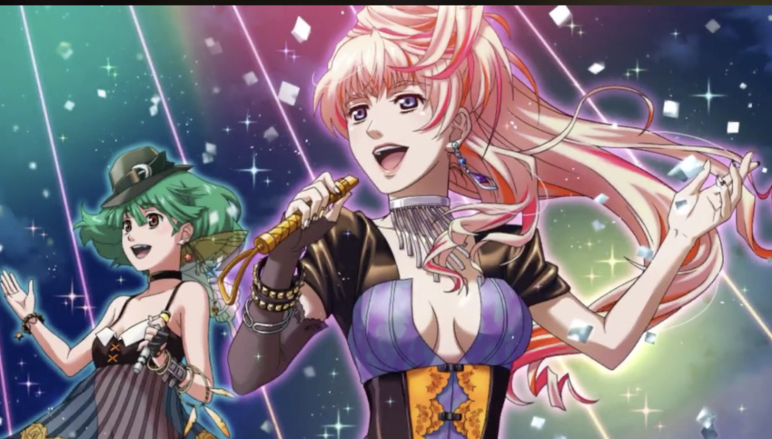 2girls anniversary blonde_hair blue_eyes bracelet breasts cleavage_cutout corset earrings fancy_hair green_hair hat highres jewelry macross macross_frontier medium_breasts microphone multicolored_hair multiple_girls music necklace official_art pink_hair ranka_lee red_eyes see-through sheryl_nome singing small_breasts two-tone_hair unknown_artist uta_macross_sumaho_deculture