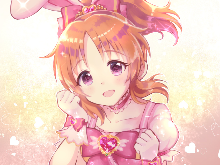 1girl abe_nana animal_ears blush bow brooch bunny-shaped_pupils choker eyebrows gloves hair_bow heart highres idolmaster idolmaster_cinderella_girls idolmaster_cinderella_girls_starlight_stage jewelry looking_at_viewer magical_girl mugi_(user_khzh5853) open_mouth orange_hair pink_bow pink_choker pink_eyes ponytail rabbit_ears short_hair smile solo symbol-shaped_pupils upper_body white_gloves