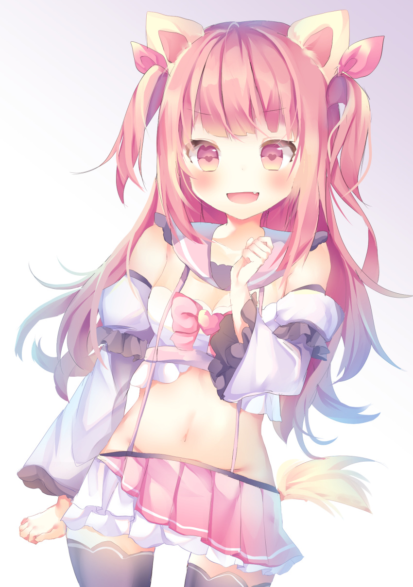 1girl animal_ears black_legwear bow breasts brown_hair cleavage collarbone crop_top detached_sleeves dog_ears dog_tail groin hair_ribbon heart heart-shaped_pupils highres long_hair long_sleeves looking_at_viewer navel original pink_bow pink_ribbon pink_sailor_collar pink_skirt pleated_skirt puffy_short_sleeves puffy_sleeves red_eyes ribbon sailor_collar shirt short_over_long_sleeves short_sleeves skirt small_breasts solo symbol-shaped_pupils tail thigh-highs tsuruse two_side_up very_long_hair white_shirt wide_sleeves