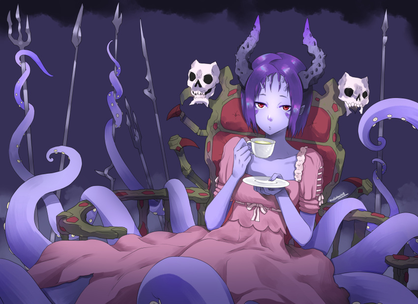 1girl artist_name bangs cup dress eudetenis facial_mark highres holding holding_cup horns looking_at_viewer monster_girl original parted_bangs parted_lips pink_dress pointy_ears polearm purple_hair purple_skin red_eyes saucer scylla short_hair short_sleeves sitting skull solo spear tea teacup tentacle thrown trident weapon
