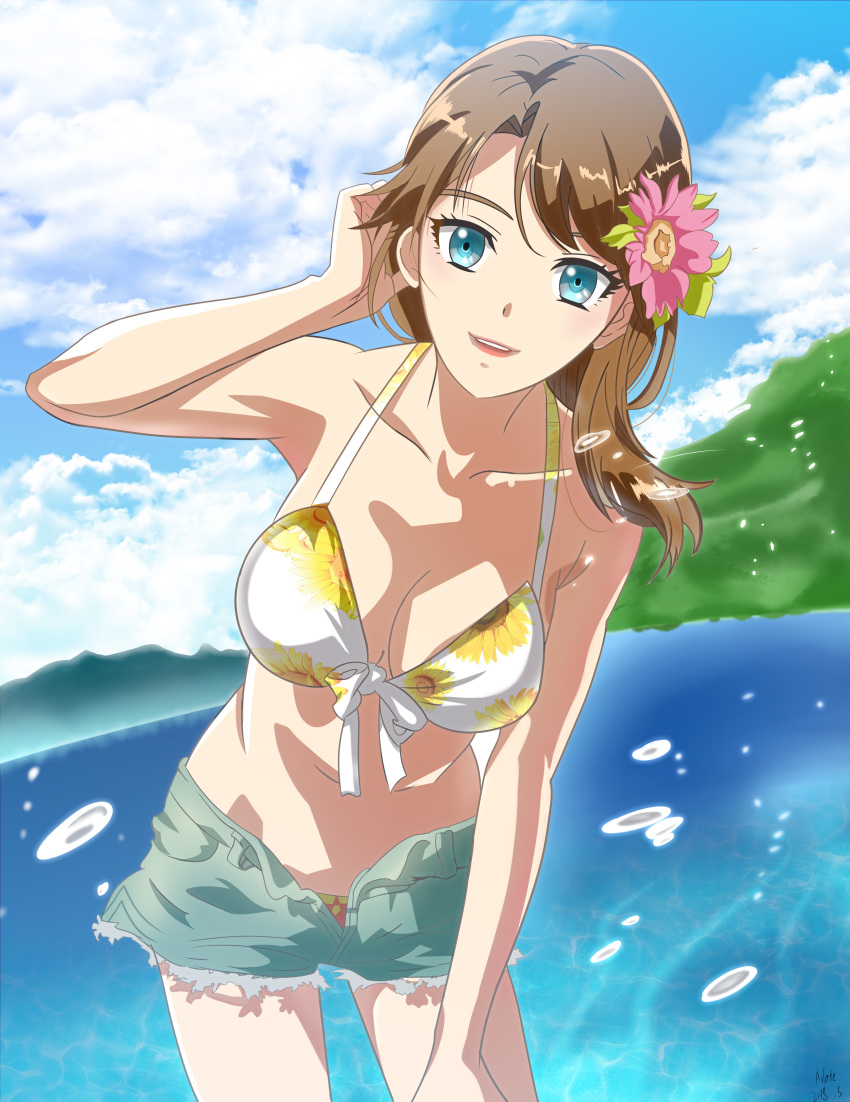1girl absurdres arleta artist_name bikini blue_eyes blue_sky breasts brown_hair clouds cowboy_shot dated day droplets floral_print flower hair_flower hair_ornament hand_up highres hinako_hasegawa lipstick looking_at_viewer makeup medium_breasts midriff navel open_mouth short_shorts shorts sky solo standing swimsuit tada-kun_wa_koi_wo_shinai unbuttoned_pants water