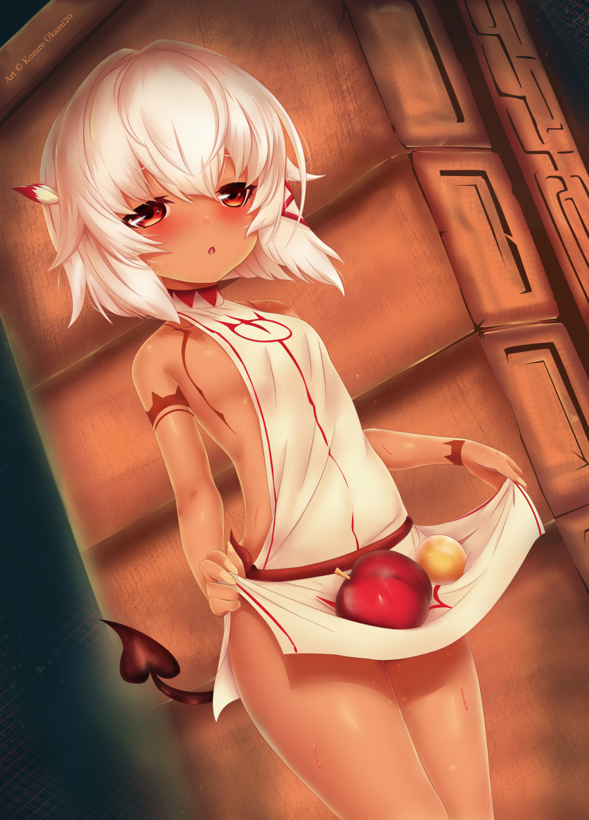 1girl absurdres apple bare_shoulders black_hair blush dark_skin demon_girl food fruit hair_ribbon half-closed_eyes highres kozureokami20 looking_at_viewer m-da_s-tarou ribbon rocoroco skirt_basket succubus sweat tail tanaka_the_wizard tattoo tress_ribbon turtleneck_dress violet_eyes white_hair