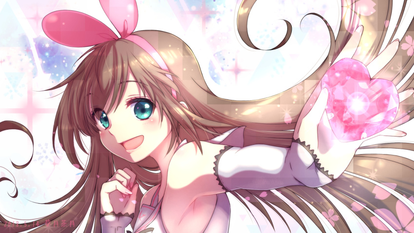 1girl :d a.i._channel armpits blush bow brown_hair detached_sleeves hair_bow highres kizuna_ai long_hair looking_at_viewer open_mouth outstretched_arm pink_bow ro_(igris-geo) smile solo upper_body very_long_hair virtual_youtuber