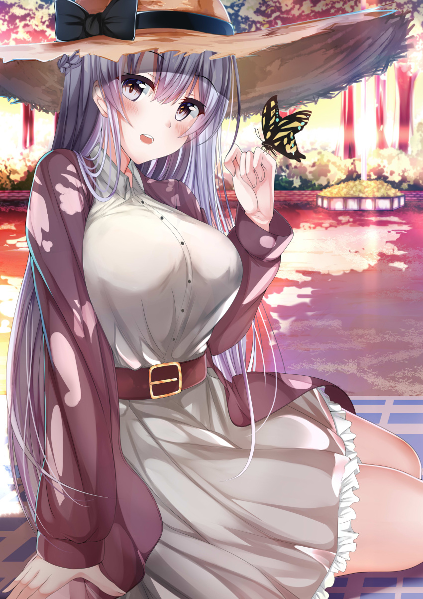 1girl :d absurdres arm_support azur_lane bangs belt blue_eyes blush braid breasts buckle butterfly_on_hand coat day dress eyebrows_visible_through_hair french_braid hair_between_eyes hat highres hiragi_ringo large_breasts long_hair looking_at_viewer open_clothes open_coat open_mouth outdoors park purple_coat rodney_(azur_lane) shirt sidelocks silver_hair sitting skirt smile solo straw_hat white_dress white_shirt yokozuwari