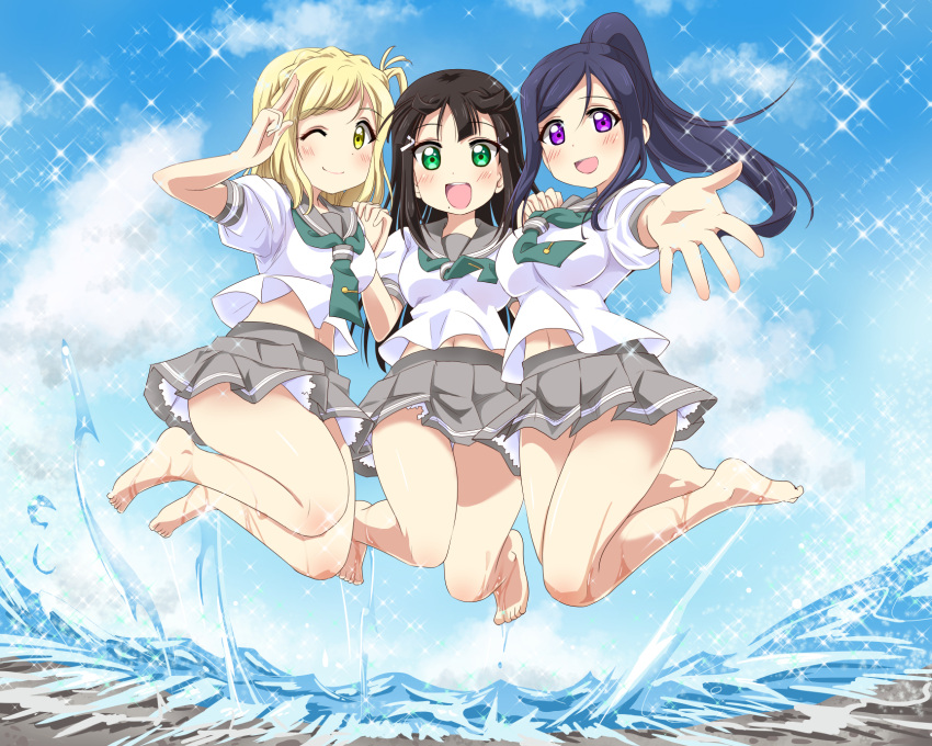 3girls ;&lt; bangs barefoot black_hair blonde_hair closed_mouth clouds commentary_request eyebrows_visible_through_hair green_eyes green_neckwear grey_skirt highres kurosawa_dia long_hair looking_at_viewer love_live! love_live!_school_idol_project love_live!_sunshine!! matsuura_kanan multiple_girls navel ocean ohara_mari one_eye_closed open_mouth outstretched_hand panties pleated pleated_skirt short_hair skirt sky smile teio underwear violet_eyes waves white_panties yellow_eyes