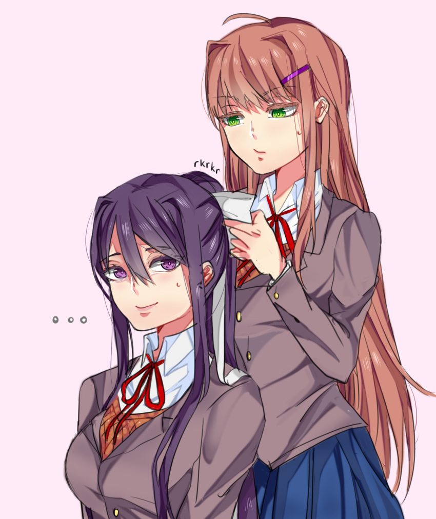 ... 2girls alternate_hairstyle blue_skirt brown_hair commentary doki_doki_literature_club english_commentary eyebrows_visible_through_hair eyes_visible_through_hair green_eyes hair_between_eyes hair_down hair_ornament hair_ribbon hairclip hairstyle_switch highres long_hair looking_at_another looking_at_viewer monika_(doki_doki_literature_club) multiple_girls pink_background pleated_skirt ponytail purple_hair ribbon rrkkrkrr school_uniform sidelocks simple_background skirt smile sweatdrop very_long_hair violet_eyes white_ribbon yuri_(doki_doki_literature_club)