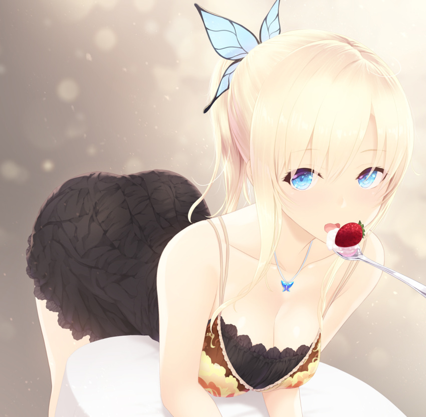 1girl alternate_hairstyle bent_over blonde_hair blue_eyes boku_wa_tomodachi_ga_sukunai breasts butterfly_hair_ornament cait cleavage closed_mouth commentary_request dress food fruit hair_ornament highres kashiwazaki_sena large_breasts long_hair looking_at_viewer necktie ponytail short_dress sidelocks simple_background smile solo spoon strawberry