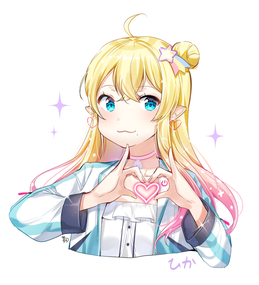 1girl :3 bangs blonde_hair blue_eyes blush character_request choker closed_mouth cropped_torso earrings eyebrows_visible_through_hair frilled_shirt frills gradient_hair hair_between_eyes hair_bun hair_ornament hands_up heart heart_earrings heart_hands highres jacket jewelry long_hair long_sleeves looking_at_viewer mole mole_under_mouth moong_gya multicolored_hair open_clothes open_jacket original pink_choker pink_hair pointy_ears power_symbol shirt side_bun signature simple_background solo sparkle star star_hair_ornament white_background white_shirt