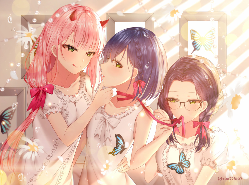 3girls :q bangs blue_hair blush bow braid breasts brown_hair bug butterfly chin_grab closed_mouth collarbone commentary_request darling_in_the_franxx dress eyebrows_visible_through_hair flower framed_image green_eyes hair_bow horns ichigo_(darling_in_the_franxx) ikuno_(darling_in_the_franxx) insect junpaku_karen licking_lips long_hair medium_breasts mouth_hold multiple_girls parted_bangs parted_lips pink_hair puffy_short_sleeves puffy_sleeves red_bow red_ribbon ribbon ribbon_in_mouth short_sleeves sleeveless sleeveless_dress smile tongue tongue_out twin_braids v-shaped_eyebrows very_long_hair white_bow white_dress white_flower yuri zero_two_(darling_in_the_franxx)