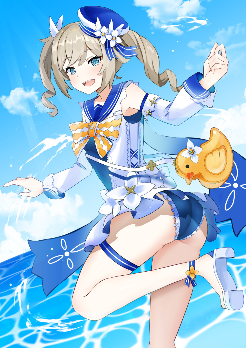 1girl ass bag barbara_pegg bare_shoulders bird blonde_hair blue_eyes blue_sky bow duck flower genshin_impact hat high_heels highres long_sleeves looking_at_viewer one-piece_swimsuit open_mouth sailor_hat sky smile swimsuit water yuzu_kiro