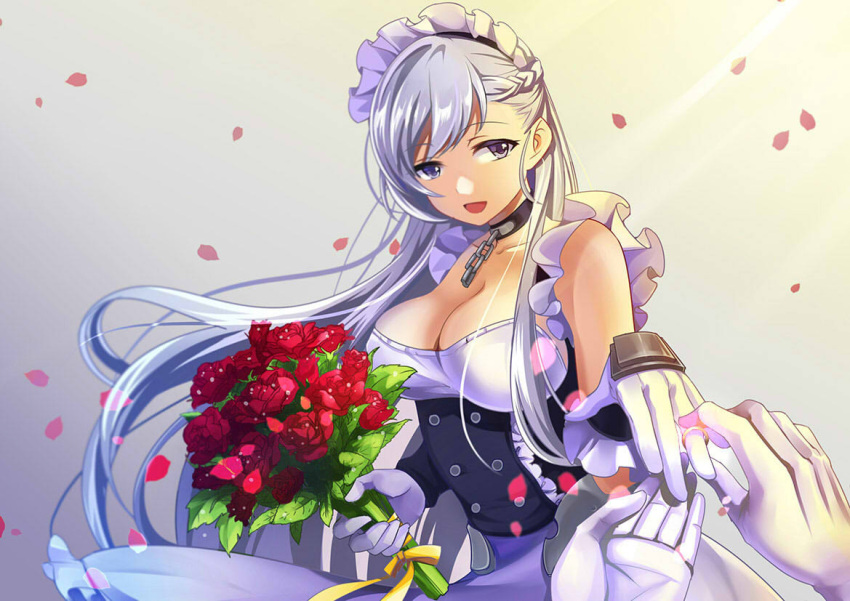 1girl azur_lane belfast_(azur_lane) bouquet braid breasts chains cleavage collar corset flower french_braid gloves jewelry large_breasts long_hair maid_headdress muu_rin petals pov pov_hands red_flower red_rose ring rose silver_hair solo_focus very_long_hair violet_eyes wedding_band white_gloves