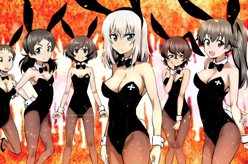6+girls akaboshi_koume akiyama_yukari animal_ears arm_behind_back arm_grab bangs black_legwear black_leotard black_neckwear blue_eyes bow bowtie breasts brown_eyes brown_hair bunny_girl bunny_tail bunnysuit camera cleavage closed_mouth collar crazy_eyes crowd detached_collar dilated_pupils emblem extra fake_animal_ears frown garrote girls_und_panzer hand_on_own_ass hand_on_own_chest hand_on_own_face itsumi_erika kuromorimine_(emblem) large_breasts leotard long_hair looking_at_another looking_at_viewer medium_breasts messy_hair multiple_girls nakahira_guy open_mouth pantyhose piano_wire ponytail rabbit_ears ritaiko_(girls_und_panzer) short_hair short_twintails silver_hair small_breasts smile standing strapless strapless_leotard tail twintails very_short_hair wavy_hair wrist_cuffs