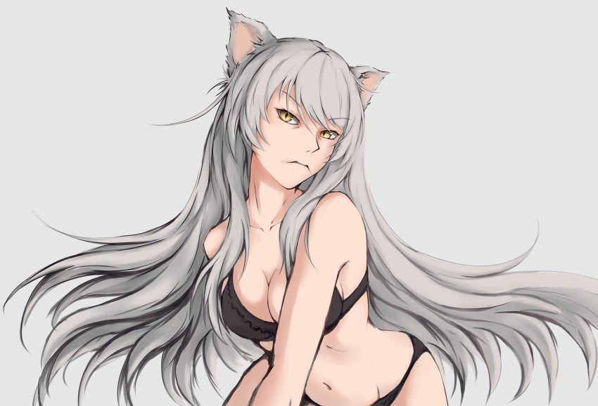 1girl animal_ears black_bra black_hanekawa black_panties bra breasts cat_ears cleavage commentary_request hanekawa_tsubasa highres large_breasts long_hair midriff monogatari_(series) navel panties shibanme_tekikumo silver_hair slit_pupils solo underwear underwear_only very_long_hair yellow_eyes