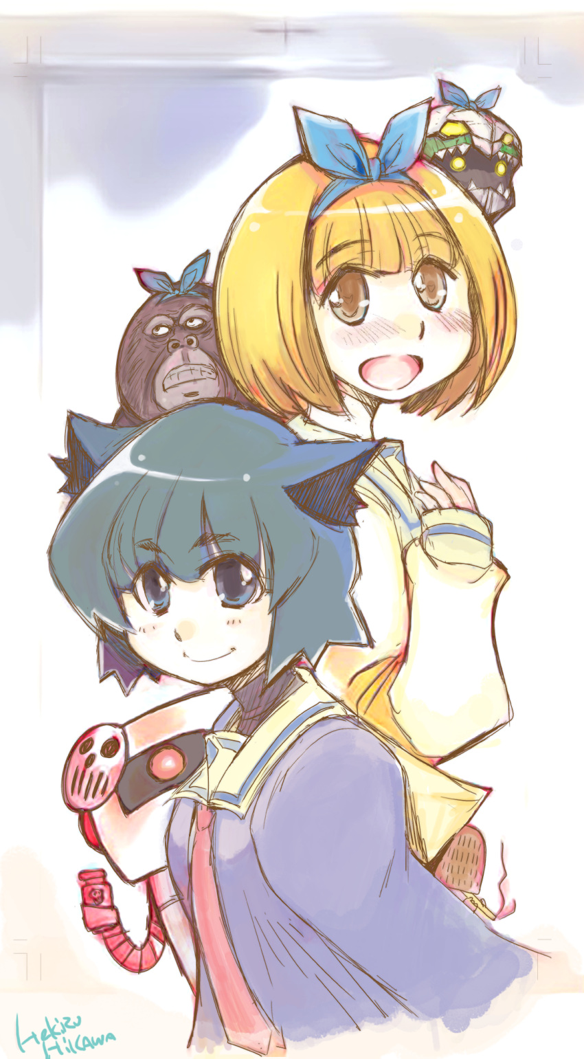 2girls :d animal_ears blonde_hair blue_eyes blue_hair blush brown_eyes cat_ears gorilla hair_ribbon hairband hekky360 highres hockey_mask kurusu_yuzuko long_sleeves momotsuki_gakuen_school_uniform multiple_girls necktie open_mouth pani_poni_dash! ribbon robokko robot sailor_collar school_uniform serizawa_akane short_hair smile traditional_media upper_body