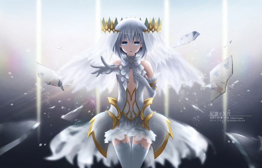 1girl bare_shoulders blue_eyes breasts broken character_name cleavage cleavage_cutout copyright_name cowboy_shot crown date_a_live dress elbow_gloves frown gloves hand_on_own_chest highres liht looking_at_viewer open_mouth outstretched_hand reaching_out reflection shards short_hair silver_hair sleeveless sleeveless_dress small_breasts solo thigh-highs tobiichi_origami veil white_dress white_legwear