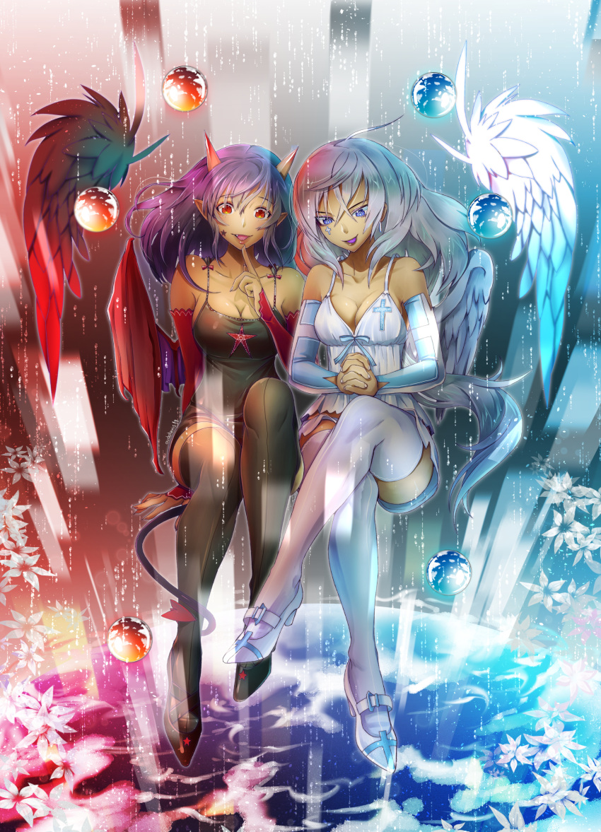 2girls absurdres angel angel_and_devil angel_wings bat_wings black_footwear black_shirt black_shorts blue_eyes breasts camisole cleavage collarbone cross demon demon_girl demon_horns demon_tail demon_wings detached_sleeves detached_wings earrings eudetenis evil_smile facial_mark fang feathered_wings flower full_body grey_hair hair_between_eyes high_heels highres horns jewelry large_breasts licking_lips lips long_hair looking_at_viewer looking_down medium_breasts multiple_girls open_mouth original pentagram pointy_ears purple_tongue shirt short_shorts shorts sitting slit_pupils smile sphere star symbol-shaped_pupils tail thigh-highs tongue tongue_out water water_drop white_footwear white_shirt white_shorts white_wings wings