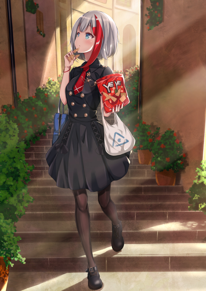 1girl admiral_graf_spee_(azur_lane) azur_lane bag bag_of_chips black_dress black_footwear black_legwear blue_eyes blush claws dress finger_to_chin grocery_bag handbag highres looking_to_the_side looking_up multicolored_hair necktie pantyhose plant potted_plant red_neckwear redhead rurukuru shoes shopping_bag short_hair short_necktie silver_hair solo stairs streaked_hair two-tone_hair