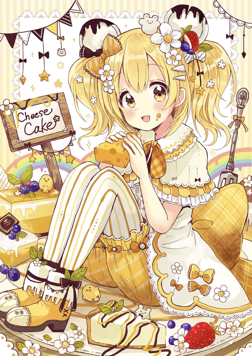 1girl :d animal_ears bangs blonde_hair bloomers blueberry blueberry_hair_ornament blush boots bow bowtie capelet cheese cheesecake commentary_request doily dress english eyebrows_visible_through_hair fang fingernails flower food food_on_face food_themed_hair_ornament fork fruit hair_between_eyes hair_bow hair_flower hair_ornament hands_up head_tilt high_heel_boots high_heels highres holding holding_food looking_at_viewer mouse_ears open_mouth orange_bow orange_neckwear original pantyhose pennant plaid_neckwear sakura_oriko sign sitting smile solo star strawberry strawberry_hair_ornament string_of_flags striped striped_background striped_legwear twintails underwear vertical-striped_background vertical-striped_legwear vertical_stripes white_capelet white_dress white_flower white_legwear yellow_bloomers yellow_bow yellow_eyes yellow_footwear