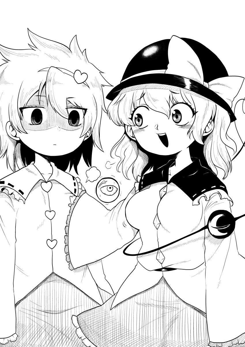 2girls absurdres anger_vein bangs blush bow breast_envy breasts closed_mouth eyebrows_visible_through_hair greyscale hair_between_eyes hands_on_another's_chest hat hat_bow heart heart_of_string highres himajin_noizu komeiji_koishi komeiji_satori medium_breasts monochrome multiple_girls open_mouth shaded_face short_hair simple_background skirt sleeves_past_wrists sweat third_eye touhou white_background wide_sleeves