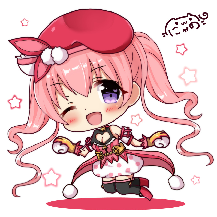 1girl ;d bangs bare_shoulders beret black_legwear blush boots bubble_skirt character_request chibi commentary_request eyebrows_visible_through_hair hair_between_eyes hair_ribbon hat heart heart_in_eye highres holding long_hair looking_at_viewer mittens nyano21 one_eye_closed open_mouth pink_hair pink_ribbon pink_shirt polka_dot_skirt pom_pom_(clothes) princess_connect! princess_connect!_re:dive red_footwear red_hat ribbon shirt signature skirt sleeveless sleeveless_shirt smile solo star symbol_in_eye thigh-highs thighhighs_under_boots twintails very_long_hair violet_eyes white_background white_mittens white_skirt