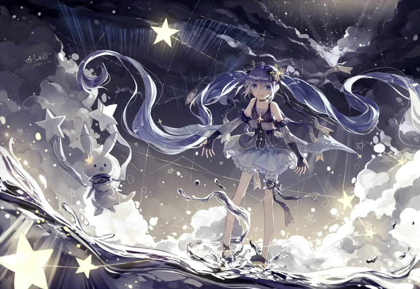 1girl aqua_eyes aqua_hair artist_name ballet_slippers black_bow black_hair black_ribbon bow clouds cloudy_sky dated detached_sleeves floating_hair full_body garters grid hair_bow hair_ornament hatsune_miku highres leilf long_hair musical_staff_print rabbit ribbon sky snowflake_hair_ornament splashing star star_(sky) star_hair_ornament twintails very_long_hair vocaloid walking walking_on_liquid yuki_miku