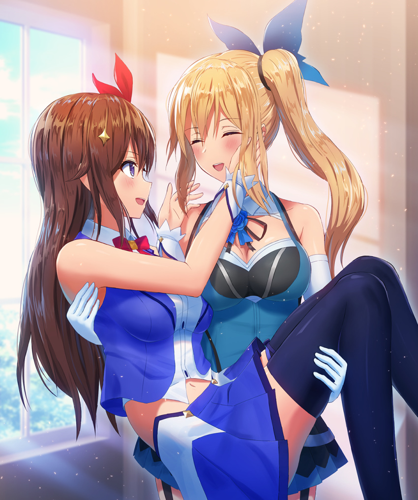 2girls :d bangs bare_shoulders black_ribbon black_skirt blonde_hair blue_flower blue_legwear blue_rose blue_shirt blue_skirt blue_sky blurry blurry_background blush bow bowtie breasts brown_hair carrying cleavage closed_eyes clouds collarbone commentary_request crossover day depth_of_field elbow_gloves eyebrows_visible_through_hair facing_another flower gloves hair_between_eyes hair_ornament hair_ribbon hand_on_another's_cheek hand_on_another's_face highres indoors long_hair looking_at_another medium_breasts mikomiko_(mikomikosu) mirai_akari mirai_akari_project multiple_girls open_mouth pleated_skirt princess_carry profile red_neckwear red_ribbon ribbon rose round_teeth shirt sidelocks skirt sky sleeveless sleeveless_shirt smile sunlight teeth thigh-highs tokino_sora tokino_sora_channel upper_teeth very_long_hair violet_eyes virtual_youtuber white_gloves window wrist_cuffs