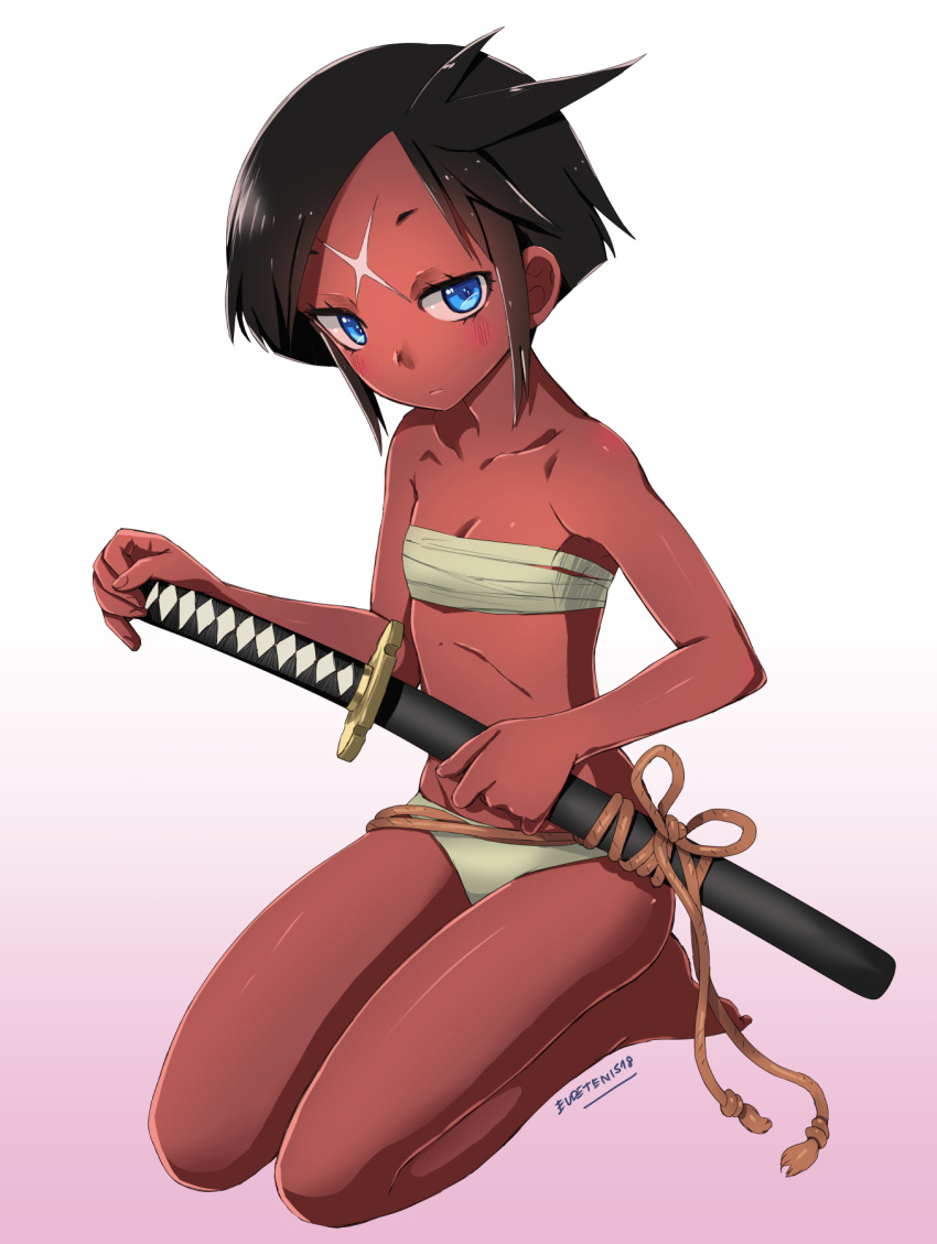 1girl artist_name barefoot black_hair blue_eyes blush breasts collarbone commission eudetenis facial_mark facial_scar forehead_mark forehead_scar full_body gradient gradient_background highres holding holding_sword holding_weapon looking_at_viewer navel original panties red_skin sarashi scar seiza sheath sheathed short_hair sitting small_breasts solo sword underwear underwear_only weapon white_panties