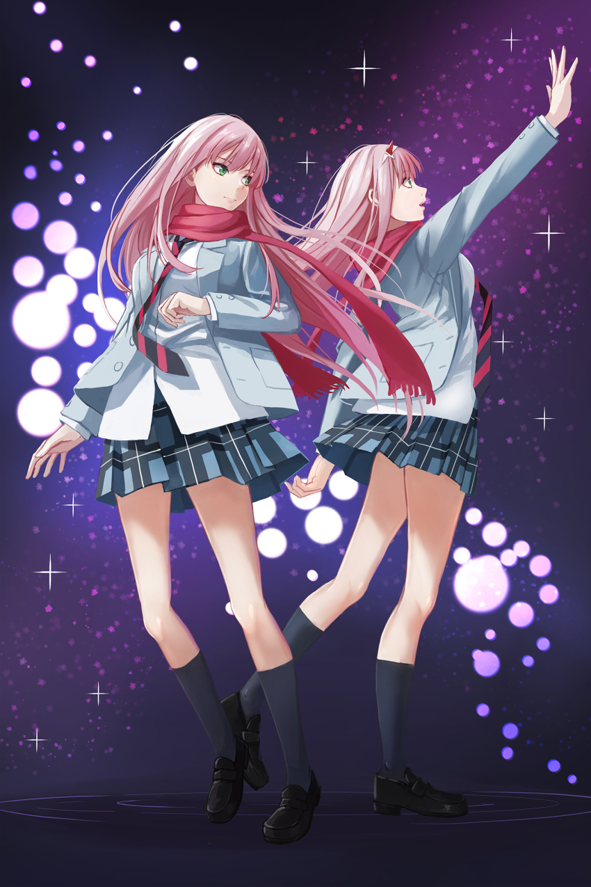 2girls black_footwear black_legwear blue_skirt closed_mouth commentary darling_in_the_franxx dual_persona green_eyes grey_jacket hairband hand_up highres horns jacket light_smile long_hair long_sleeves multiple_girls necktie open_clothes open_jacket pink_hair red_neckwear redpoke shirt shoes skirt socks sparkle standing striped_neckwear white_shirt zero_two_(darling_in_the_franxx)