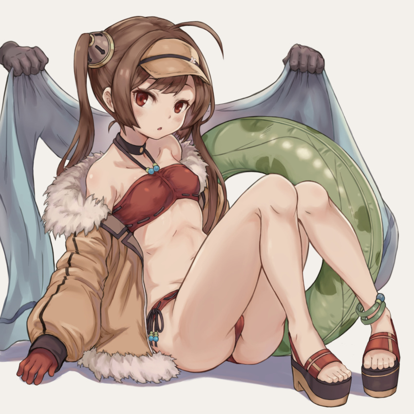 1girl ahoge azur_lane bangs bare_shoulders bikini black_footwear blush breasts brown_background brown_hair collarbone disembodied_limb fur-trimmed_jacket fur_trim gloves hairpods halter_top halterneck highres holding holding_towel jacket kintsuba long_hair long_sleeves looking_at_viewer off_shoulder open_clothes open_jacket parted_lips ping_hai_(azur_lane) platform_footwear platform_heels puffy_long_sleeves puffy_sleeves red_bikini red_eyes red_gloves ribbon-trimmed_bikini ribbon_trim sidelocks simple_background sitting sleeves_past_wrists small_breasts solo_focus swimsuit toenails towel twintails very_long_hair visor_cap white_background yellow_jacket