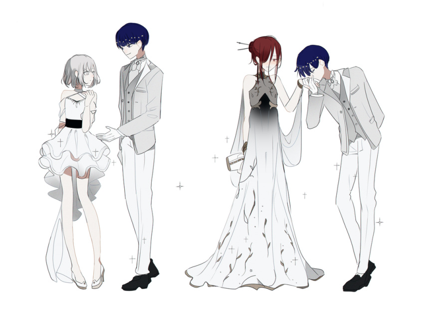 3others alternate_costume alternate_hairstyle androgynous bangs bare_shoulders blue_eyes blue_hair blunt_bangs blush closed_eyes diamond_(houseki_no_kuni) dress dual_persona formal gloves hair_bun hair_over_one_eye hand_holding hand_kiss height_difference high_heels houseki_no_kuni kiss looking_at_another mina_hiragi phosphophyllite phosphophyllite_(ll) red_eyes redhead see-through shinsha_(houseki_no_kuni) short_hair smile sparkle spoilers suit tied_hair vest white_background white_eyes white_hair