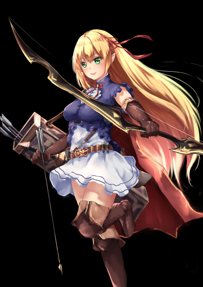 1girl :d arisa_(shadowverse) arrow bangs belt black_background blonde_hair blue_shirt boots bow_(weapon) breasts brown_belt brown_footwear brown_gloves brown_legwear cape chahei commentary_request elbow_gloves elf eyebrows_visible_through_hair gloves green_eyes hair_between_eyes hair_ribbon hairband highres holding holding_arrow holding_bow_(weapon) holding_weapon long_hair medium_breasts open_mouth outstretched_arm pointy_ears quiver red_cape red_hairband red_ribbon ribbon round_teeth shadowverse shirt short_sleeves sidelocks simple_background skirt smile solo standing standing_on_one_leg teeth thigh-highs thigh_boots upper_teeth very_long_hair weapon white_skirt