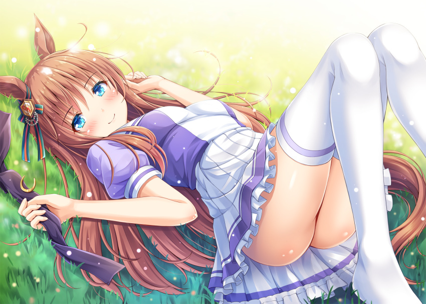 1girl akashio_(loli_ace) animal_ears blue_eyes blush bow brown_hair commentary_request ear_ribbon eyebrows_visible_through_hair eyes_visible_through_hair frilled_skirt frills grass grass_wonder horse_ears horse_tail long_hair lying no_panties on_back on_grass on_ground pleated_skirt skirt smile solo tail thigh-highs umamusume white_legwear