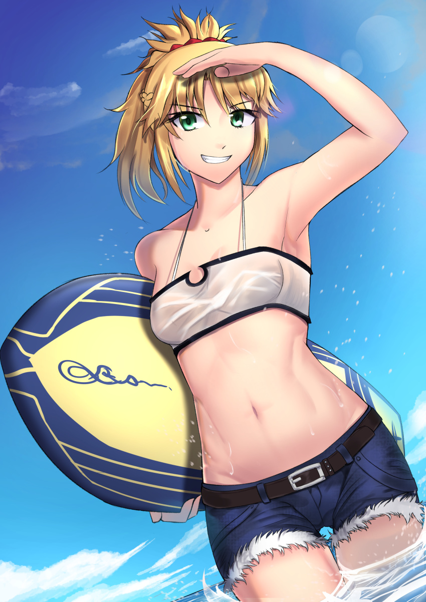 1girl absurdres belt bikini_top blonde_hair breasts cutoff_jeans cutoffs fate/grand_order fate_(series) green_eyes highres looking_at_viewer midriff mordred_(fate) mordred_(fate)_(all) mordred_(swimsuit_rider)_(fate) navel partially_submerged plottersky ponytail short_hair short_shorts shorts small_breasts solo spaghetti_strap surfboard thigh_gap