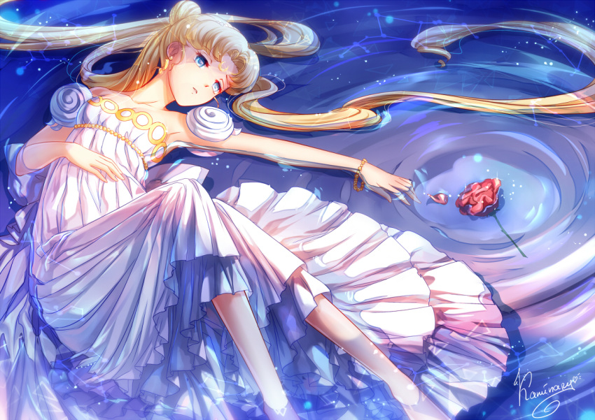 1girl bangs bare_shoulders barefoot bishoujo_senshi_sailor_moon blonde_hair blue_background blue_eyes bracelet crescent dress earrings facial_mark flower forehead_mark full_body hair_bun jewelry kaminary long_hair lying on_back parted_bangs princess_serenity red_flower red_rose rose signature solo strapless strapless_dress tsukino_usagi twintails water white_dress