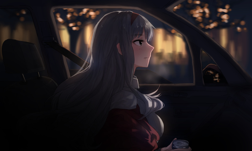 1girl blurry can car car_interior depth_of_field expressionless ground_vehicle hairband highres idolmaster idolmaster_(classic) lights long_hair motor_vehicle mxwbr profile shijou_takane silver_hair sitting solo