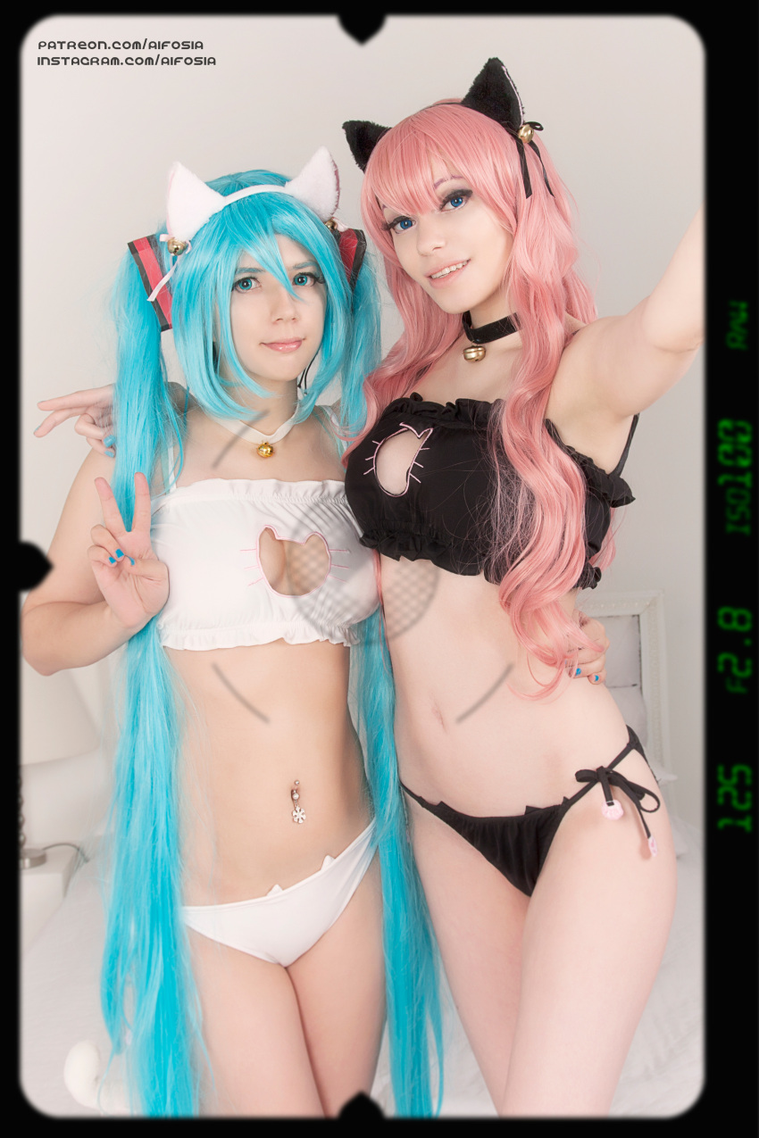 2girls :3 absurdres alternate_costume animal_ears aqua_hair aqua_nails arm_around_shoulder armpits bell bell_choker black_panties breasts cat_cutout cat_ear_panties cat_ears cat_lingerie cat_tail choker cleavage_cutout closed_mouth collarbone cosplay cowboy_shot eyebrows eyelashes fake_animal_ears frills gluteal_fold hair_between_eyes hatsune_miku hatsune_miku_(cosplay) highres jingle_bell large_breasts legs_apart long_hair looking_at_viewer megurine_luka megurine_luka_(cosplay) meme_attire multiple_girls nail_polish navel open_mouth panties paw_print piercing pink_hair pink_lips reaching_out self_shot side-tie_panties smile stomach tail twintails underwear underwear_only v very_long_hair vocaloid white_panties