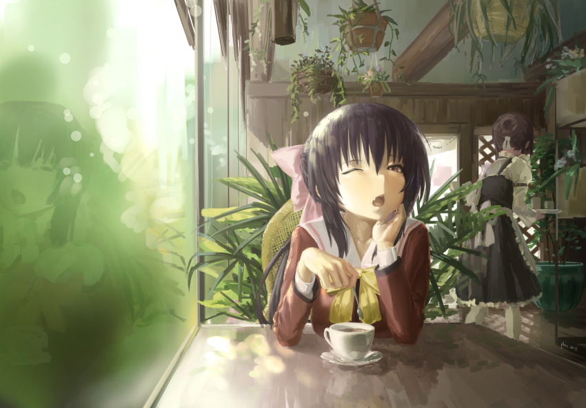 2girls ;o blue_hair bow breasts cafe commentary cup hair_bow highres indoors large_breasts long_hair multiple_girls noihara_himari omamori_himari one_eye_closed open_mouth plant plex ponytail reflection school_uniform sitting table teacup violet_eyes waitress walking window yawning