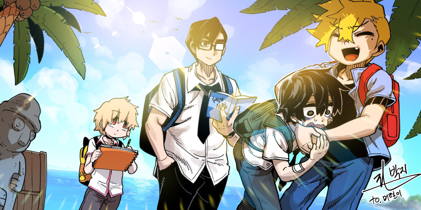 4boys absurdres backpack bag bags_under_eyes bandage_on_face black_eyes black_hair blonde_hair blue_sky clouds day glasses headlock highres jeong_sana jeong_surim kim_jaehun korean lee_hoon lens_flare male_focus mole mole_under_eye multiple_boys necktie ocean outdoors palm_tree parkgee pencil red_eyes sketchbook sky suicide_boy sun sunlight tree water