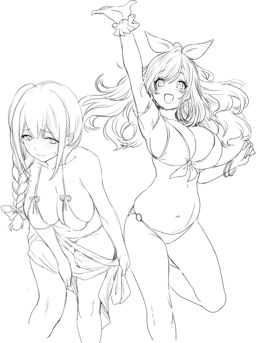 2girls angelo_(gomahangetsu) bikini blush bow bow_bikini braid breasts character_request cleavage highres large_breasts lineart long_hair looking_at_viewer multiple_girls open_mouth scrunchie smile sweatdrop swimsuit undressing waving work_in_progress wrist_scrunchie