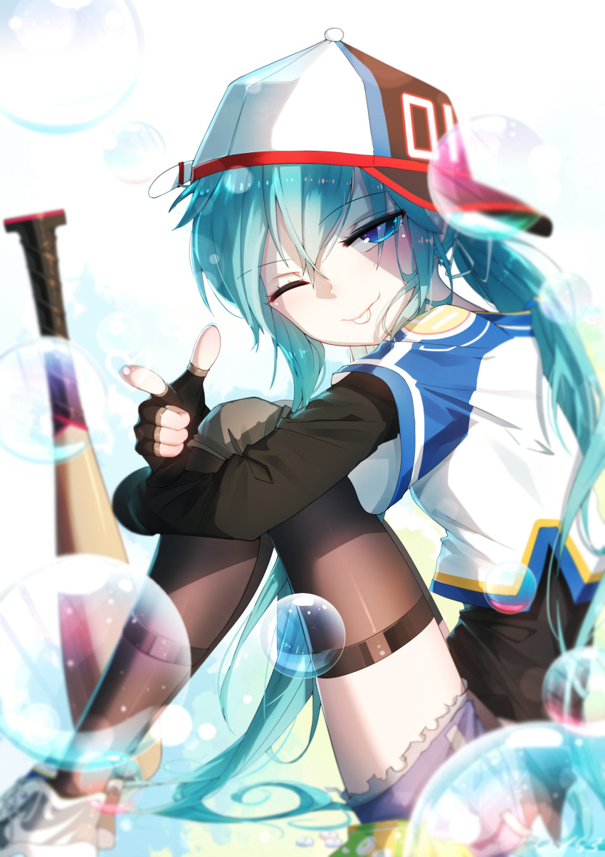 1girl :p aqua_eyes aqua_hair bai_yemeng bangs baseball_bat baseball_cap black_legwear fingerless_gloves gloves hair_between_eyes hat hatsune_miku highres long_hair one_eye_closed pointing pointing_at_viewer shoes sitting sneakers solo thigh-highs tongue tongue_out vocaloid